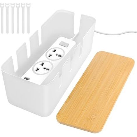 Boîte De Rangement pour Câbles, Cache Cable Boite Rangement Cable avec Couvercle en Bambou, Cache Prise Electrique pour Organiser Les Câbles Et Les Dissimuler (Bianco) (1/5)