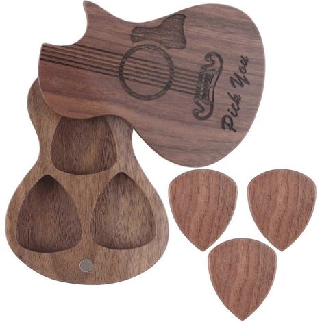 Gitarrenplektrum-Box mit 3 Plektren, Holz-Gitarrenplektrum-Box mit 3 Fächern, Plektren, Holzbehälter, drehbar