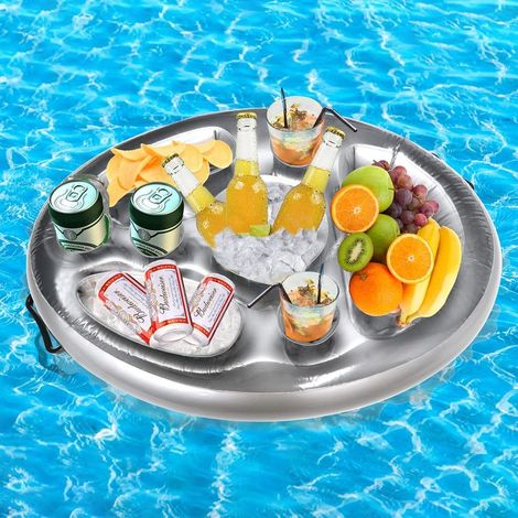 Porte-gobelet 2 en 1 pour boissons et snacks 8 trous Grand porte-gobelet gonflable 70 x 50 cm Bar de piscine Coasters flottants pour piscine, fête, parc aquatique, plage, fête à thème, gris (1/5)