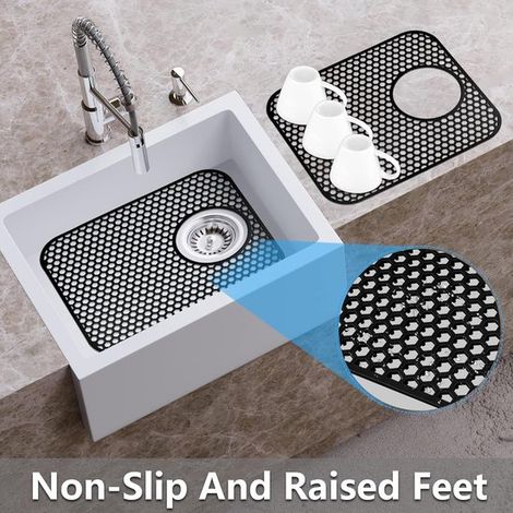 2-teiliges Waschbecken-Set – Abtropfmatte – Rechteckig – Silikon – 35 x 30 cm – Für Waschbecken 40 x 50 cm – Schwarz (1/4)