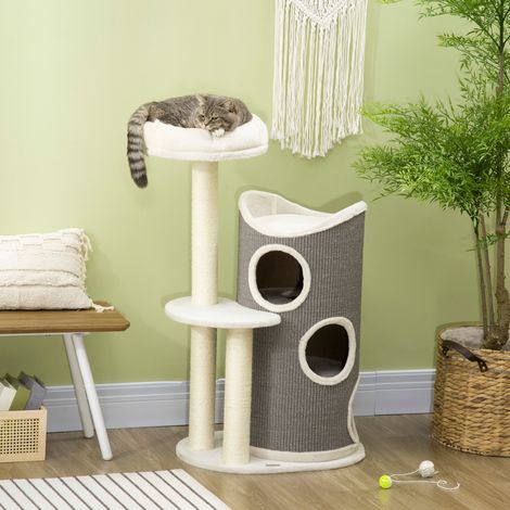 Albero per gatti 109 cm in legno bianco e grigio con cuccia e tiragraffi FloraGrace (1/5)