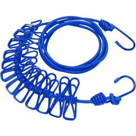 Dos tendederos retráctiles con 12 pinzas, ideales para viajes y acampadas. Para uso exterior, con rayas azules. (1/5)