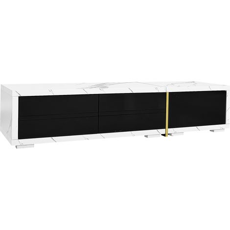 Meuble TV moderne à longueur variable (140-260 cm), fonction pivotante, aspect marbre blanc, finition noire brillante et mate et ornements dorés (1/5)