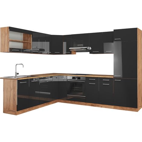 Cucina angolare completa R-Line, Antracite lucido/oro power oak, 227 x 287 cm senza piano di lavoro, Vicco (1/5)