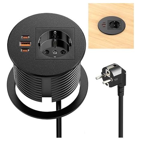 Prise Plan de Travail avec USB-C et USB-A, Prise de Bureau Rétractable avec Ports USB, pour Bureau, Cuisine et Table, Câble 1,8 m, Noir (1/5)