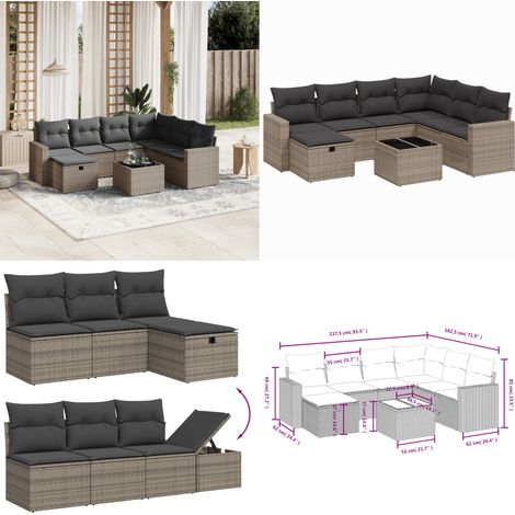 Set Divano da Giardino 8 pz con Cuscini Grigio in Polyrattan - Seduta angolare - Cuscini per seduta