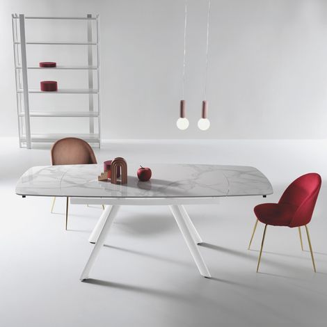 Tavolo moderno allungabile a 210 cm base metallo e piano effetto Marmo Bianco TERENCE (1/5)