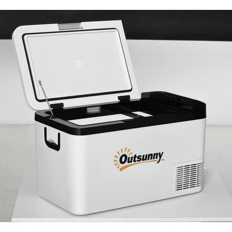 Réfrigérateur portable blanc 25L 12/24V, refroidit jusqu’à -20°C, compresseur, LED, poignées pliables, pour voiture camping ou maison. (1/5)