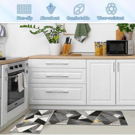 Lot de 2 tapis de cuisine antidérapants 40x60+40x120 cm – velours absorbant eau & huile, résistant à la poussière (1/4)