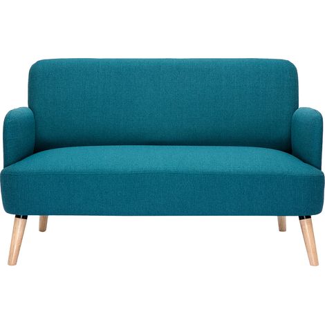 Divano scandinavo 2 posti in tessuto blu anatra e legno chiaro ISKO