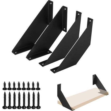 Support Etagere Metal Noir 10cm 4 pièces, Equerre Etagere Murale Équerres Étagère Robuste, Support d'étagère à 90 degrés Support Mural