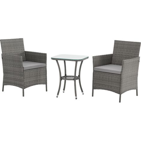 Svita – Ensemble de meubles de jardin 3 pièces – Salon de jardin compact en polyrotin gris – Coussins confortables – Table avec plateau en verre