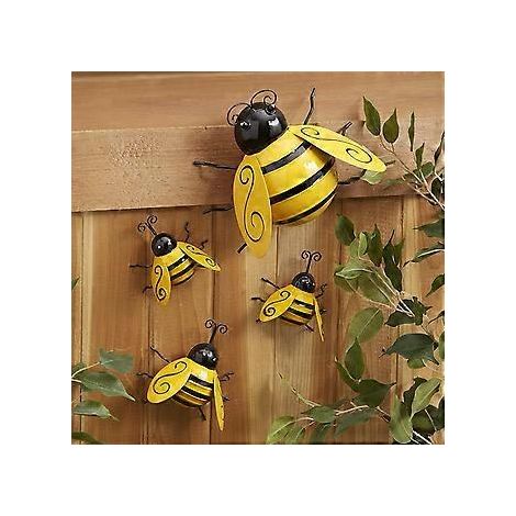 Metallene Bienen-Wanddekoration, wetterfestes Kunstwerk für die Außendekoration von Haus und Garten, 3D-Eisenbienen-Kunstskulptur, einzigartiges Design, handbemalt in Gelb und