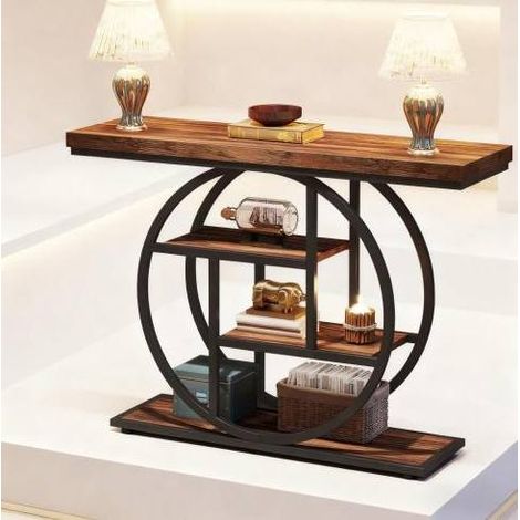 Tavolo consolle 105x30x80 cm nero e marrone rustico in metallo e legno con 4 ripiani sfalsati (1/5)