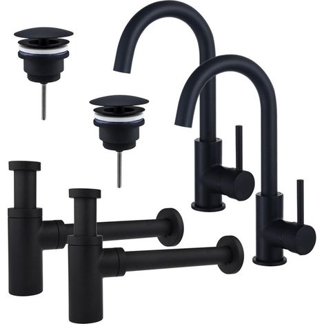 FugaFlow Eccelente Sobrado Kit robinet lavabo - pour double vasque - robinet haut - bec rotatif - bonde non-obturable - siphon design - Noir mat (1/4)