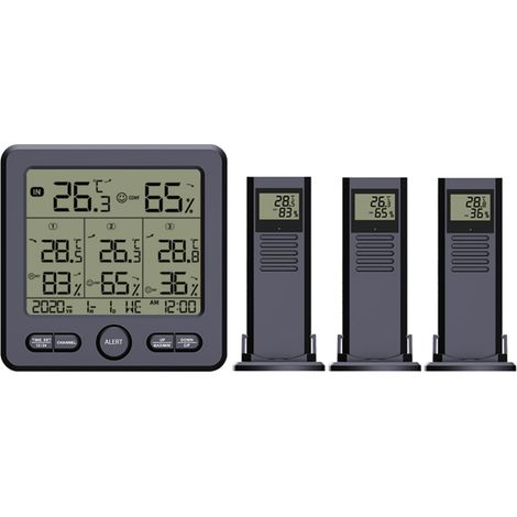 Termómetro-higrómetro digital con 3 sensores inalámbricos – Modelo WS809B – Blanco/Negro – Pantalla grande con hora y día de la semana – Alarma – Rango de medición: -50 a 70 °C (1/5)