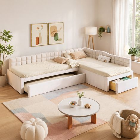 Letto a L 90x200 cm in MDF beige con letto estraibile e cassetti - MEUBLIV (1/5)