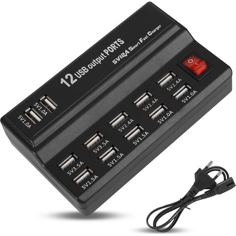 Station de Charge 12 Ports, Adaptateur Secteur Hub USB 5V 10A, Chargeur Multi Ports pour Téléphone Portable, Tablette et Autres Appareils (EU) (1/5)