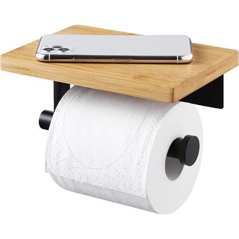 Porte Papier Toilette Adhésif avec Etagère Bambou Porte Rouleau sans perçage en Acier Inoxydable 304 (1/4)