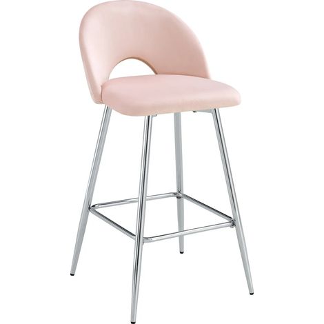 Lot 2 Tabourets de Bar Teddy Velours Rose Pieds Chrome 47x36x98cm (1/5)