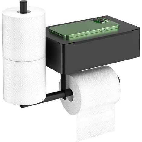 Toilet Paper Holder - Self-Adhesive Stainless Steel - Black - Includes Storage Box - Modern Design