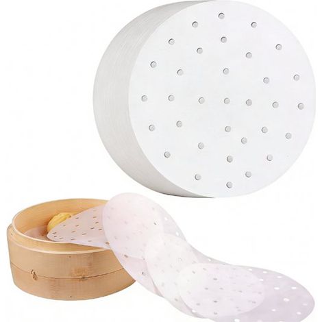 Lot de 100 feuilles de cuisson rondes perforées, Ø 25 cm, résistantes jusqu'à 232 °C et à la graisse, pour friteuse à air et cuiseur vapeur en bambou, blanc (1/5)