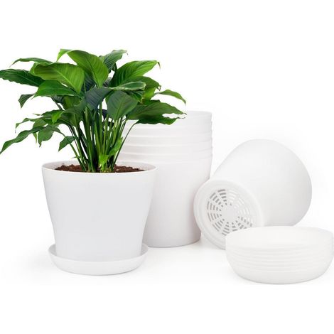 8er Set Blumentöpfe 10cm Weiß mit Untersetzer, Kunststoff Pflanztöpfe für Kakteen (1/5)