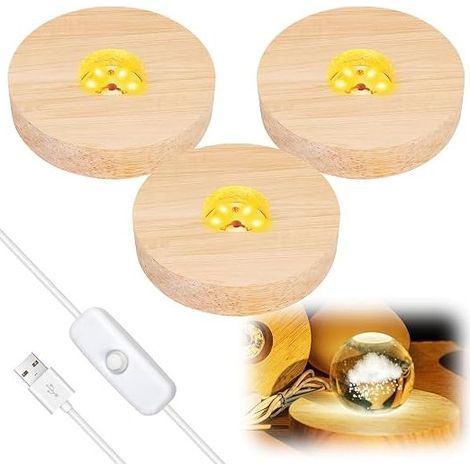 Wooden Led Light Base, Luminous Led Base LED Stand with USB Switch Desktop Display Acrylic Crystal Ball 10cm, Warm White (1/5)