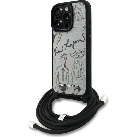 Karl Lagerfeld Crossbody-Hülle mit genarbtem Muster und Logo für iPhone 16 Pro Max – Grau (1/5)
