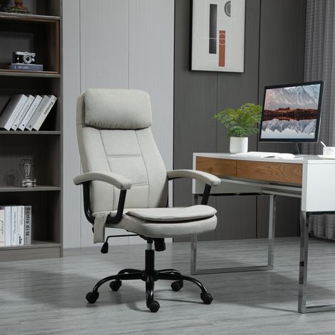 Fauteuil de bureau avec fonction massage, fauteuil de direction ergonomique avec fonction bascule, réglable en hauteur, pivotant à 360°, avec poche latérale, aspect lin, beige
