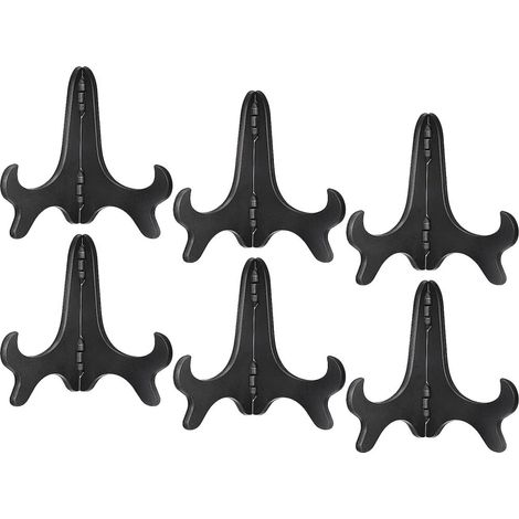 Un ensemble de 6 supports à plateaux de style chevalet, de 10 cm de haut, en plastique imitation bois.