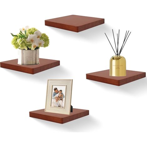 20,3 X 20,3 cm Étagères Flottantes Carrées en Bois, Mini Étagère Murale au Style Compact pour Petits Objets, Décoration Murale Suspendue, Set de 4 (Noyer Foncé) (1/5)