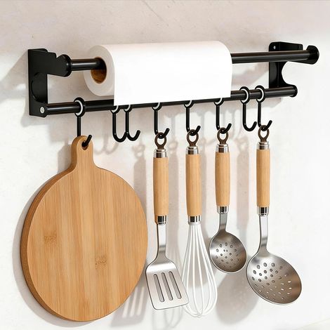 Barre de Ustensiles Suspension 40 cm, Porte-Ustensiles Mural avec 8 Crochets Déplaçable, Patère de Cuisine Multifonctionne (1/5)