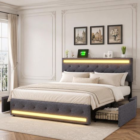 Lit double 180x200 cm avec 4 tiroirs, cadre de lit rembourré avec LED RGB et station de charge USB Type-C, tissu en lin, Sommier à lattes, gris foncé (1/5)