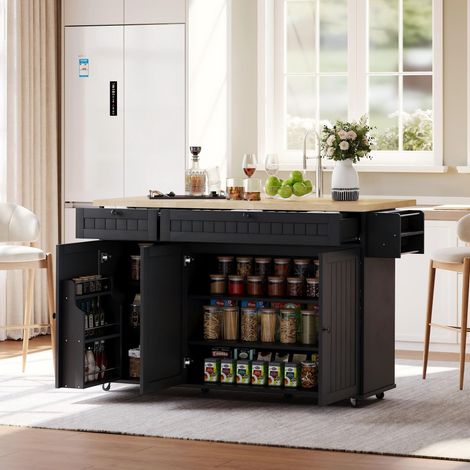 Îlot de cuisine avec plan de travail rabattable, meuble de cuisine sur 6 roulettes verrouillables, avec étagère, rangement de porte, 2 grands tiroirs et armoire, noir, 137 x 89,5 x 45 cm