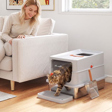 Bac à litière pour chat en acier inoxydable, fermé, anti-odeurs, XXL, gris clair, design moderne (1/5)