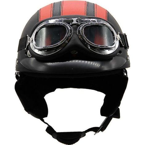 Casque de moto d'été léger en cuir style rétro Harley, avec lunettes de protection, demi-casque tendance, pour véhicules électriques, noir et rouge. (1/3)