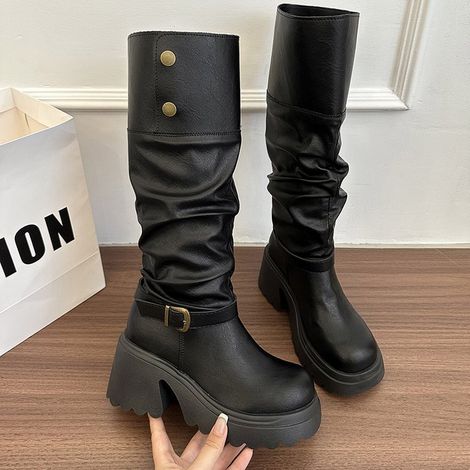 Nouvelles bottes d'équitation automne/hiver pour femmes – Pliables et à double usage, fermeture par ceinture, ne dépassant pas le genou, tige haute, revers, grandes tailles disponibles (1/4)