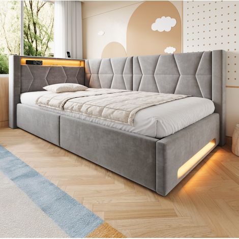 Cama canapé 140x200 cm de terciopelo gris oscuro con LED y almacenaje, sin colchón - MEUBLIV (1/5)