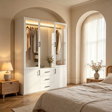 Armoire de Chambre avec Miroir et LED, 2 Portes Vitrées et 3 Tiroirs, 2 portes Latérales de Rangement, 130x51.8x181.5 cm, Blanc (1/5)
