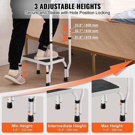 Tabouret pliant 1 marche acier 150kg, 3 hauteurs réglables avec barre main, escabeau transportable anti-dérapant pour adulte bureau camping-car animal (1/5)