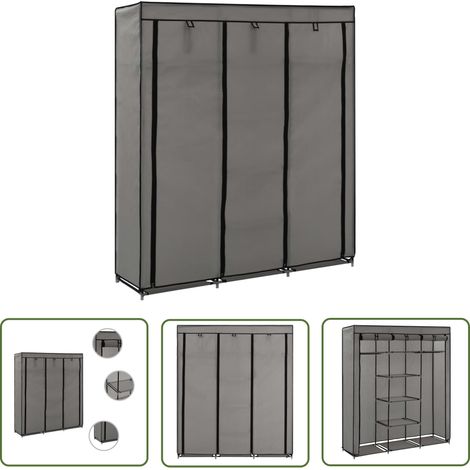 The Living Store Armoire avec compartiments et barres Gris 150x45x175 cm Tissu - Garde Robe Pliante - Armoire Portable - Meuble Rangement - Armoire Tissu - Dressing Pliant (1/5)
