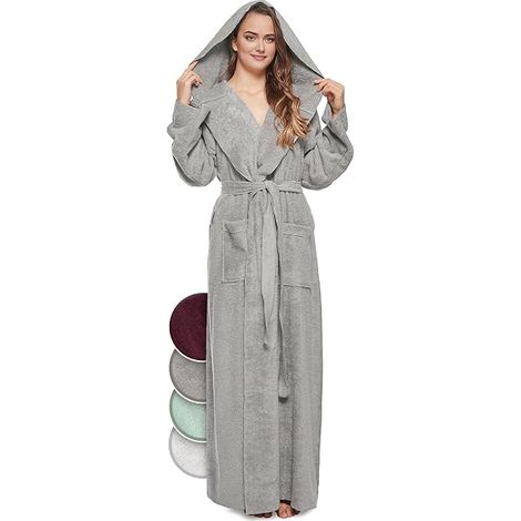 Ladies Dressing Gown 100% Cotton (340 g/m²) with Hood, Extra Long, Bathrobe, Sauna House (1/5)