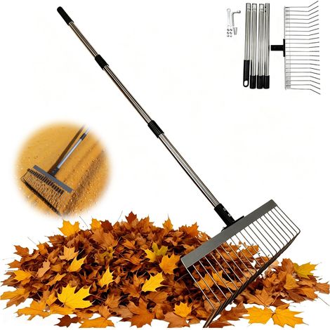 Râteau de jardin en acier inoxydable - 18 dents - 40 cm de large - Râteau de jardin réglable pour jardin, pelouse, parterres de fleurs, herbe, arbustes - 160 cm (1/5)
