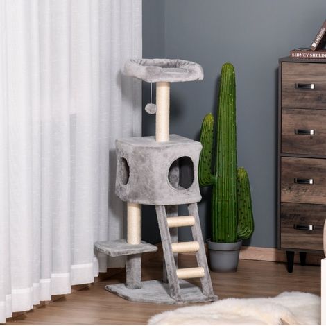 Albero per gatti 120 cm con cuccia, palla, sisal e piattaforma, grigio chiaro OKMYHOME (1/5)
