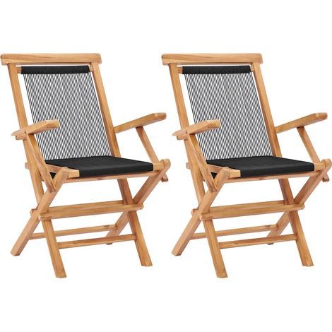 Lot de 2 chaises de jardin pliantes en bois de teck massif et corde noir avec accoudoirs - PANGIVO (1/5)