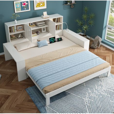 Letto estraibile 90x200 cm con vano portaoggetti, USB e Type-C, in legno, bianco, senza materasso (1/5)