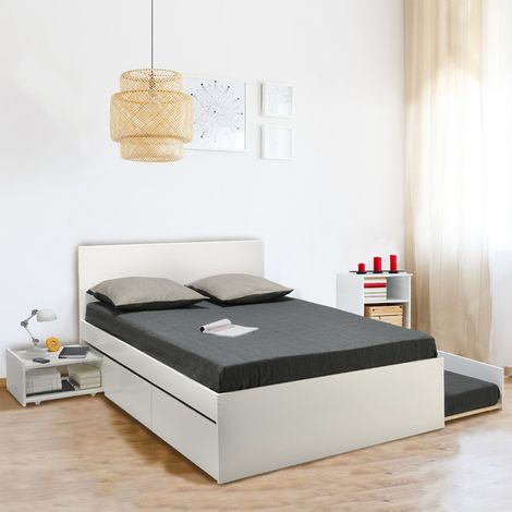 Doppelbett ALPHA 140x190 + 2 Schubladen + Schublade Bett 90x190 mit Lattenrost + Nachttisch / Weiß/ 193x145x49 (1/5)