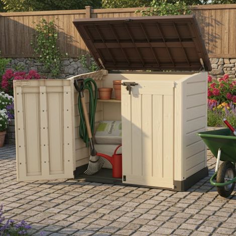 Dmora - Armario exterior Polinago, Mueble para exteriores, Mueble de jardín multiusos, Contenedor para balcón o garaje, 146x82 h125 cm, Beige (1/4)