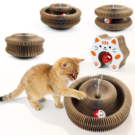 Griffoir pour Chat Carton avec Cloche, Grattoir Chat Carton, Jouet à Griffer Interactif Pliable, Tableau à Gratter pour Chats (1/5)